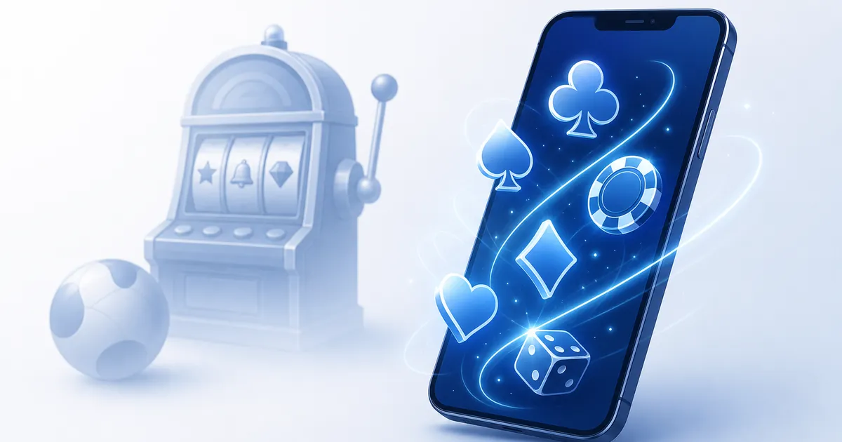 Illustration som visar en smartphone med casinosymboler framför en spelautomat, en bild av att spelandet flyttar online.